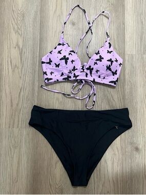 Romwe Purple Butterfly Bikini Set Lace Up Top Black Bottoms Size Large